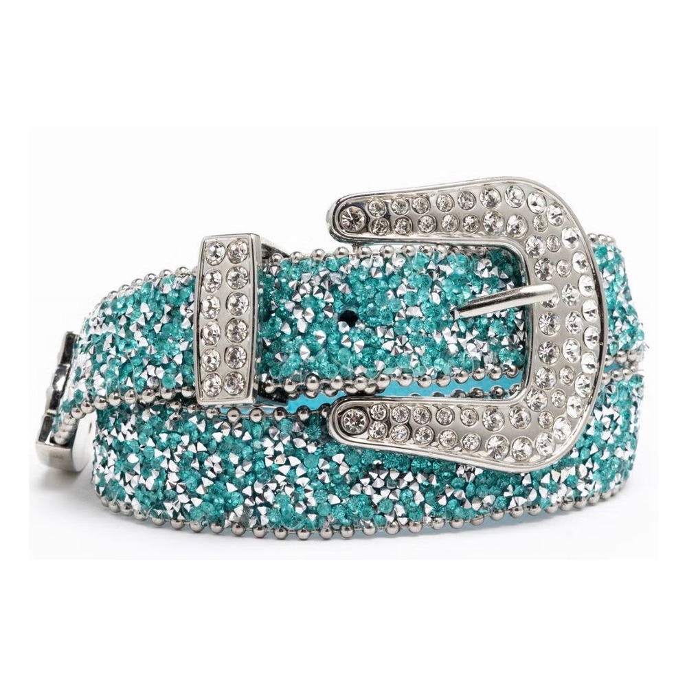 SHYANNE GIRLS' SHIMMER GLITZ Teal Rhinestone Western Genuine Leather Belt Sz 24